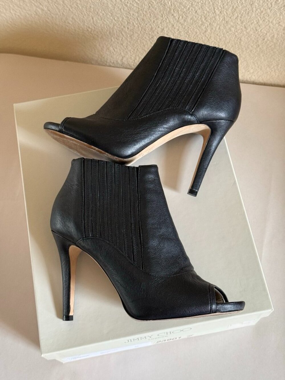 Jimmy Choo black leather peep toe stiletto bootie heels